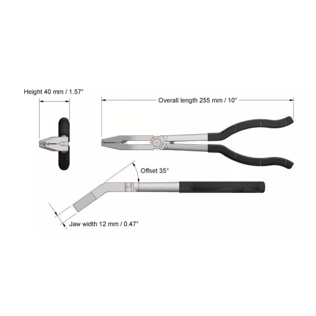 9 Circle 9CL-71280 Pliers dimensions diagram showing 255mm overall length, 40mm height, 35 degree offset, and 12mm jaw width