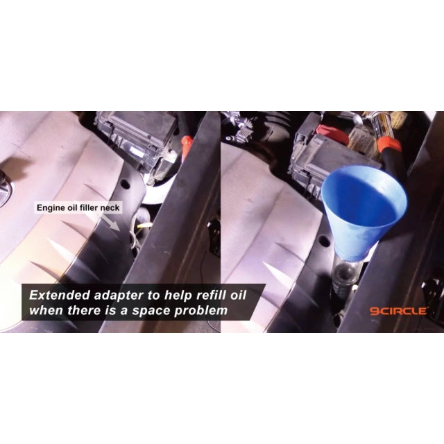 9 Circle extended adapter funnel set solving limited-space oil refill challenges in engine bay