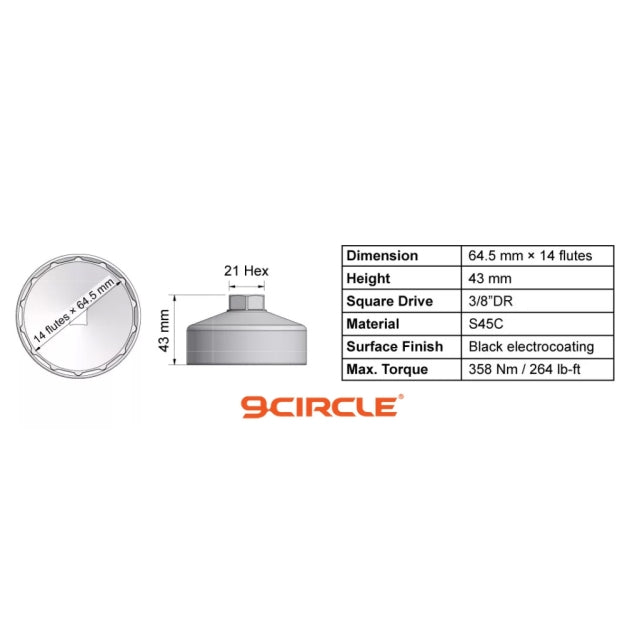 Clé à filtre à huile robuste à 9 cercles 61641, 64,5 mm x 14 cannelures, pour Toyota/Lexus et Honda/Acura, 3/8" Dr.