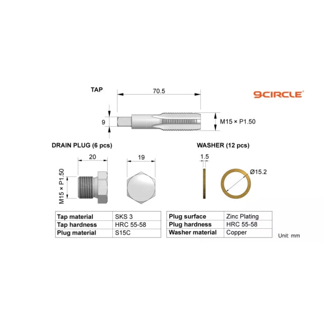 Technical diagram of 9 Circle 60614 kit components: tap, drain plugs, and washers with dimensions