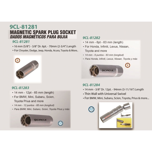 9 Circle Magnetic Spark Plug Socket spec sheet - 9CL-81281 through 9CL-81284