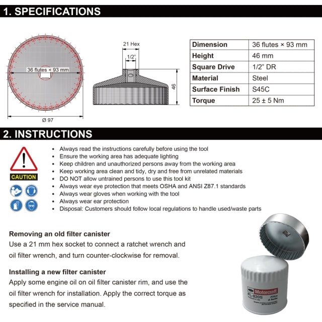 9 Circle 61662 Oil Filter Wrench specifications and instructions diagram