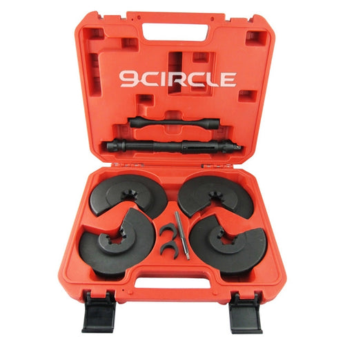 9 Circle 9CL-20011 Internal Coil Spring Compressor kit in red carrying case with discs and spindle