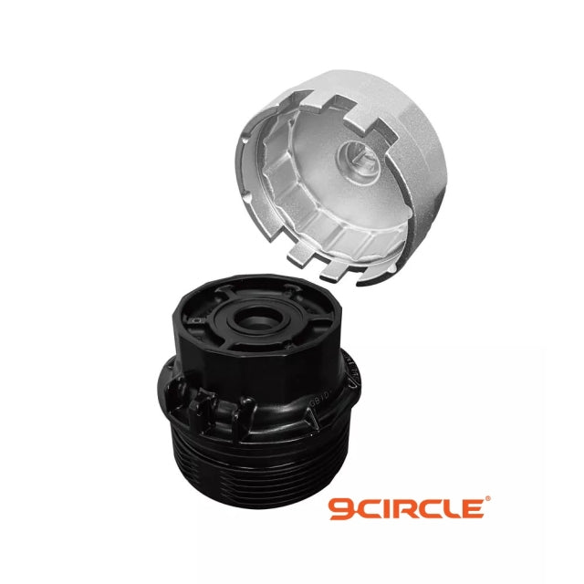 9 Circle 9CL-61640 Oil Filter Wrench shown separated from Toyota oil filter housing