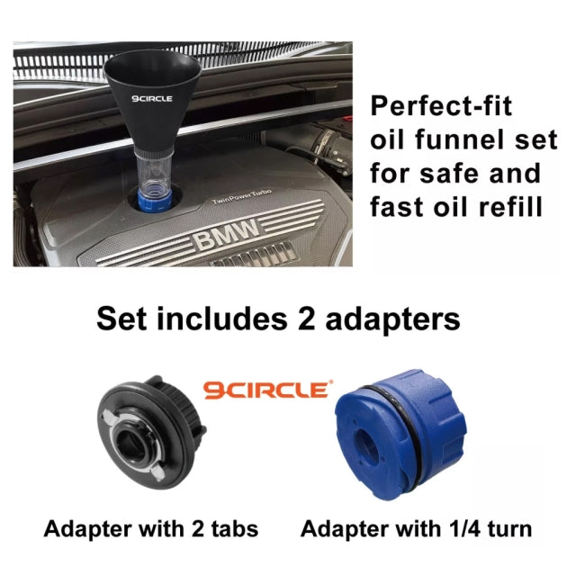 9 Circle 62731 oil funnel infographic showing perfect-fit set with black two-tab and blue 1/4 turn adapters