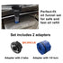 9 Circle 62731 oil funnel infographic showing perfect-fit set with black two-tab and blue 1/4 turn adapters