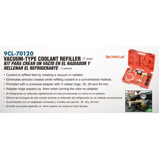 9 Circle 9CL-70120 Vacuum-Type Coolant Refiller 7-Piece Kit Features and Specifications