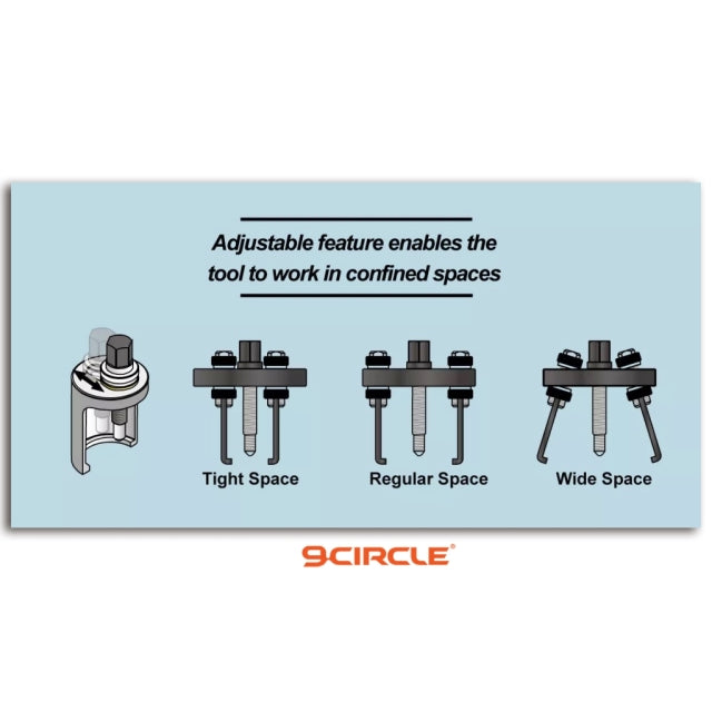 Adjustable puller diagram showing tight space, regular space, and wide space configurations