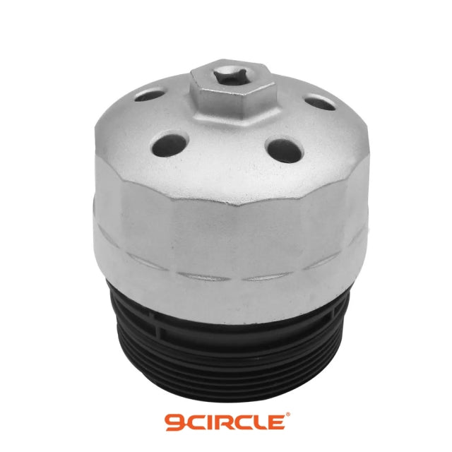 9 Circle 61605 Oil Filter Wrench engaged on Land Rover oil filter housing - side view