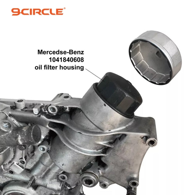 9 Circle 61660 Oil Filter Wrench shown alongside Mercedes-Benz 1041840608 oil filter housing