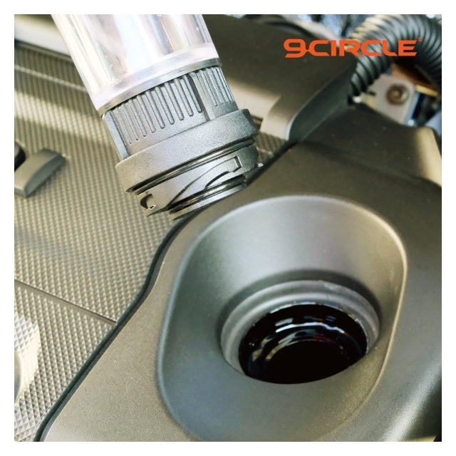 9 Circle 9CL-62730 Oil Funnel adapter installed on engine oil filler neck close-up