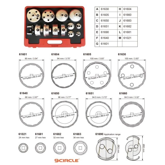 9 Circle 62607 Oil Filter Wrench Set component diagram and specifications