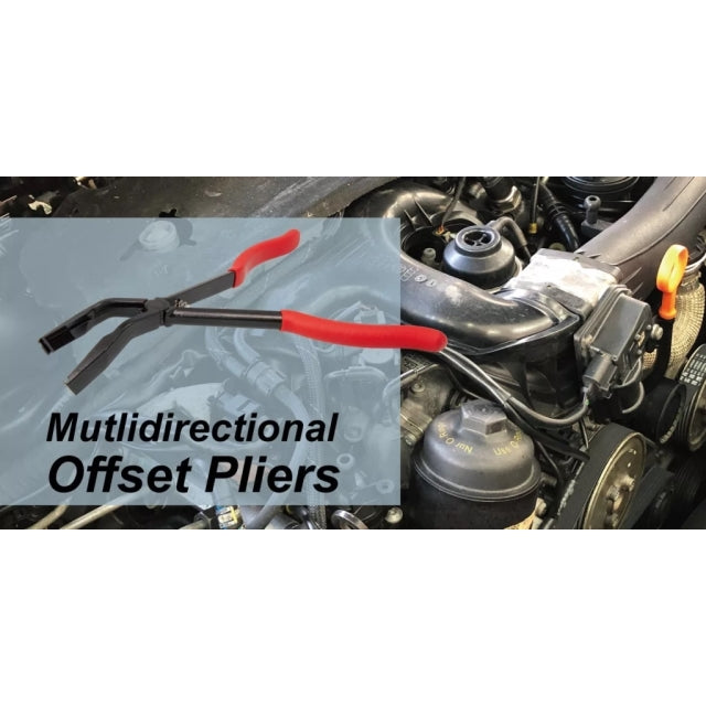 9 Circle 9CL-71280 Multidirectional Offset Pliers in use on engine bay hose clamps