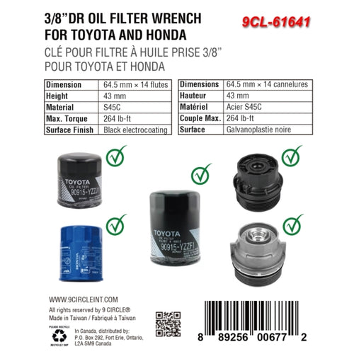 9 Circle 61641 Oil Filter Wrench spec sheet with compatibility chart for Toyota and Honda filters