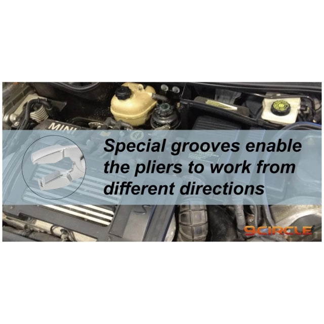Special grooves on 9 Circle hose clamp pliers enable multi-directional operation