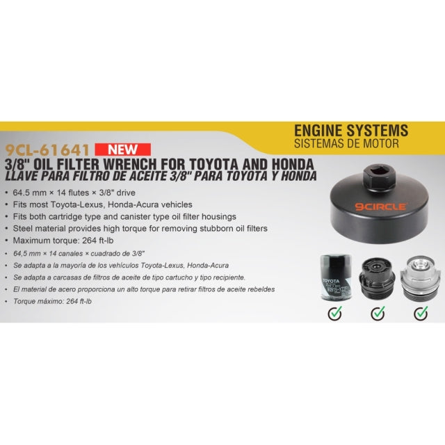 9 Circle 61641 Oil Filter Wrench feature callout showing key specs and Toyota/Honda vehicle compatibility