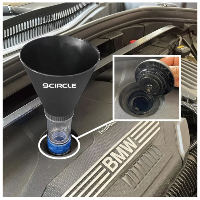 9 Circle oil funnel installed on BMW TwinPower engine using blue 1/4 turn adapter