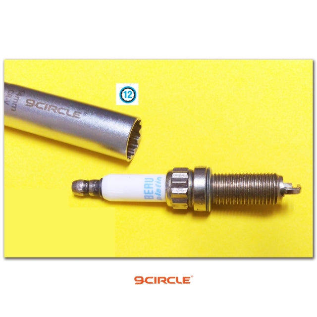 9 Circle 9CL-81283 14mm 12PT magnetic spark plug socket close-up with spark plug