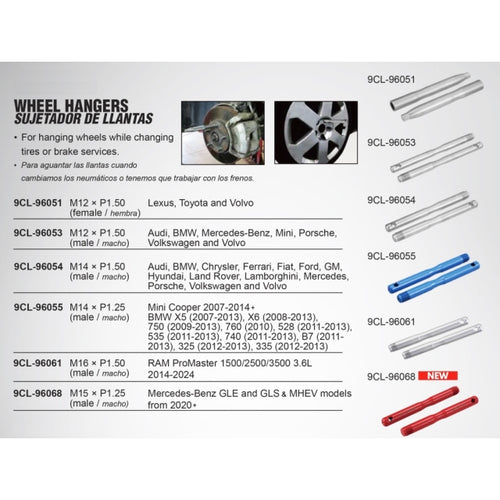 9 Circle Wheel Hanger product line comparison chart including 9CL-96068 M15 x P1.25