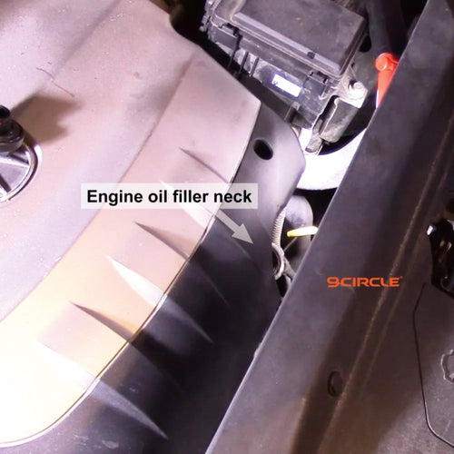 Engine oil filler neck location shown in car engine bay for 9 Circle funnel set use
