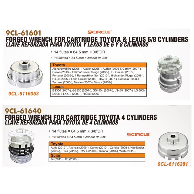 9 Circle 61601 and 61640 oil filter wrench application chart for Toyota and Lexus 4, 6, and 8 cylinder engines