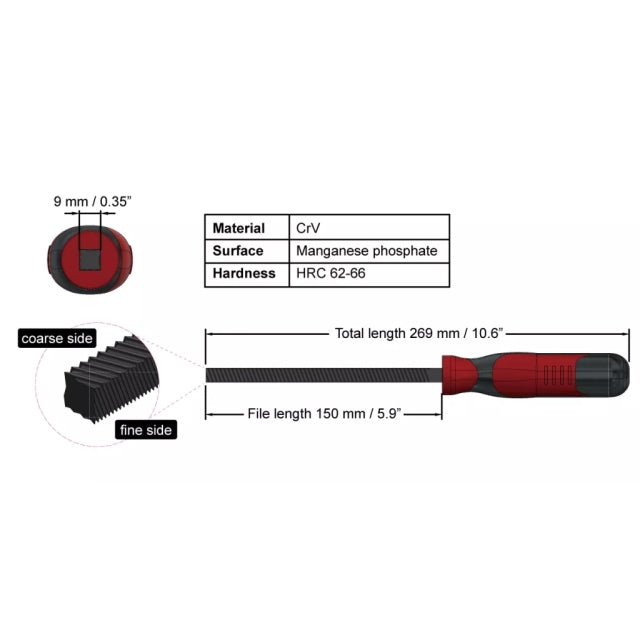 Technical diagram of 9 Circle 30460 brake caliper file showing dimensions and material specs
