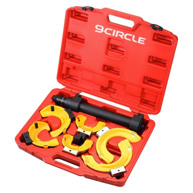 9 Circle 20073 MacPherson Strut Compressor Kit in red carrying case with yellow replaceable jaws and compressor bar