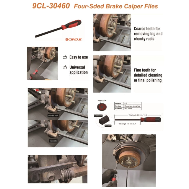 9CL-30460 Four-Sided Brake Caliper File product information sheet with usage photos and specs