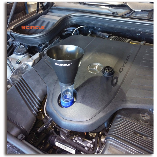 9 Circle oil funnel installed on Mercedes-Benz 6-cylinder engine with blue adapter
