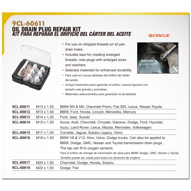 9 Circle Oil Drain Plug Repair Kit series application chart and product features
