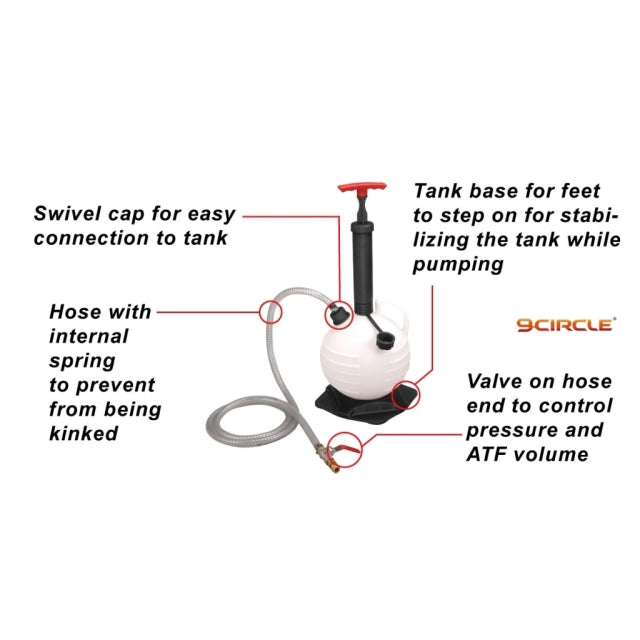 9 Circle 65820 ATF Refill Tank - Feature Callout: Swivel Cap, Spring Hose, Valve, Stabilizing Base