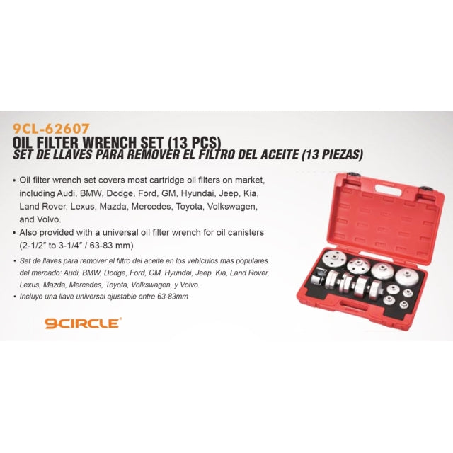 9 Circle 62607 Oil Filter Wrench Set features and vehicle compatibility