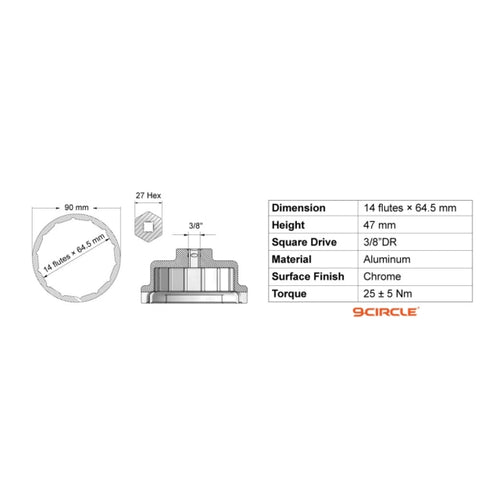9 Circle 61601 Oil Filter Wrench Dimensions and Specifications Diagram