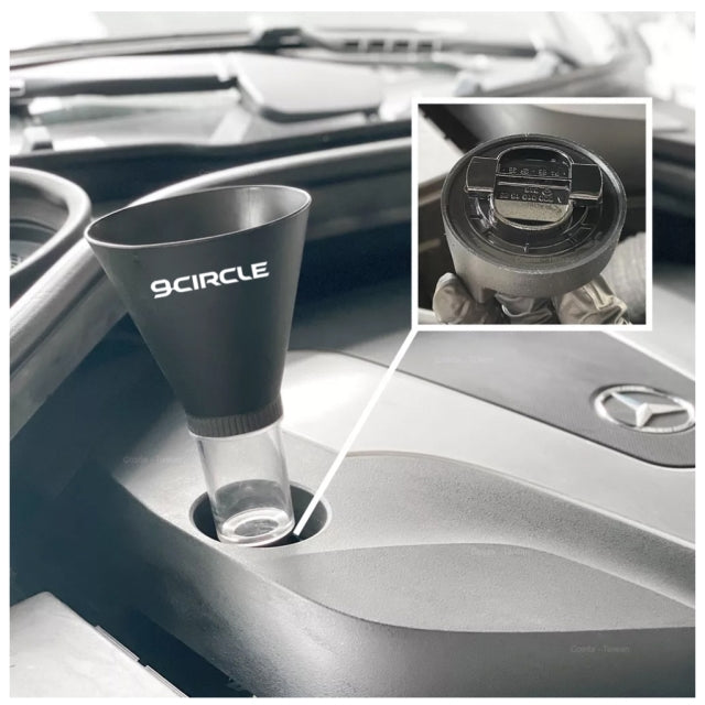 9 Circle oil funnel installed on Mercedes-Benz engine using black two-tab adapter