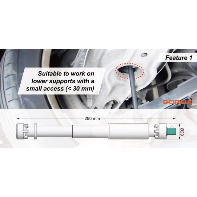 9 Circle 9CL-20011 Feature 1 - small spindle suitable for wishbone lower hole under 30mm, 290mm length diagram
