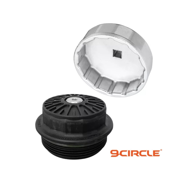 9 Circle 61660 Oil Filter Wrench bottom view alongside oil filter cap