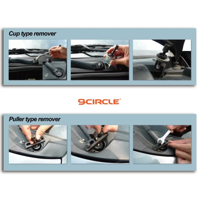 Cup type and puller type remover in use on vehicle windshield wiper arms