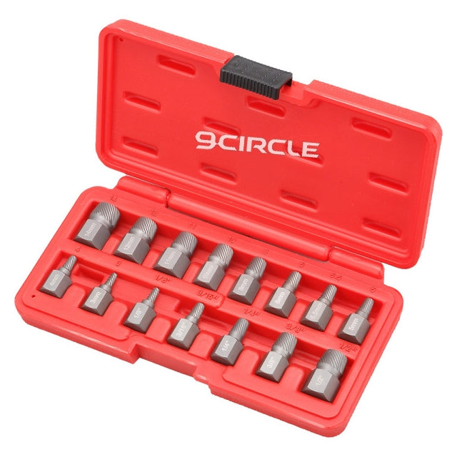 9 Circle 90372 15-Piece Screw Nut Extractor Set displayed in red BMC carrying case