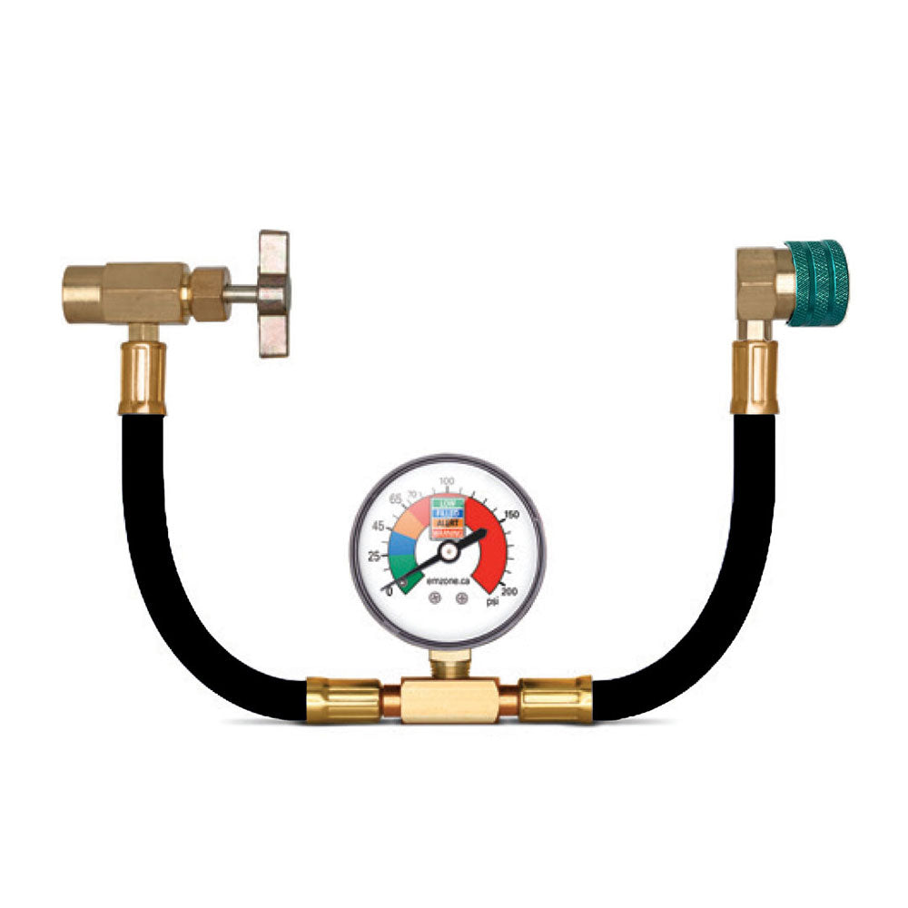 Emzone EMZ-45763 1234yf A/C Recharge Hose with Gauge, 13 In - product view with brass connectors and pressure gauge