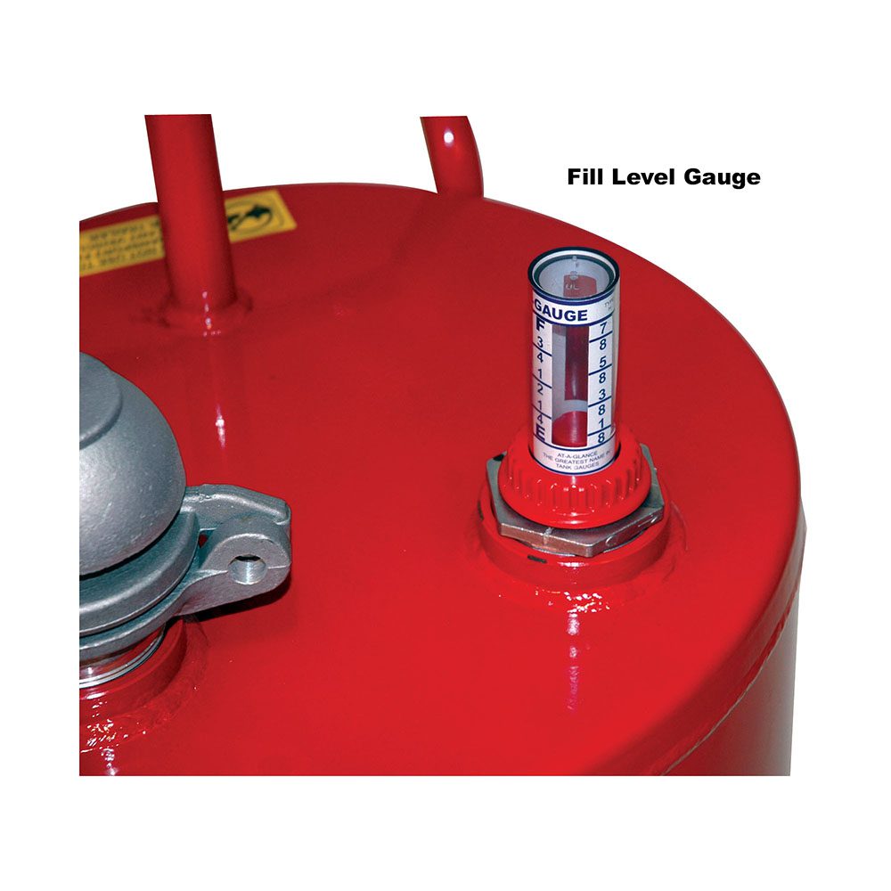 FC-25GC fill level gauge close-up mounted on red 14-gauge steel tank