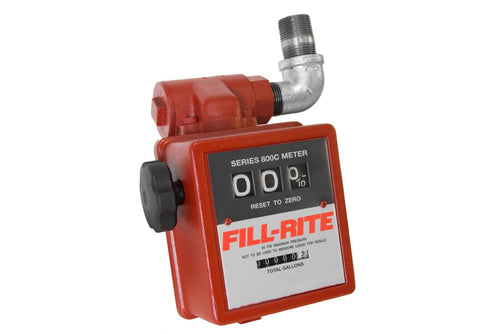 Fill-Rite 806C 5 to 20 GPM Gravity Meter. Accuracy of ±1%. Gallon Register, Inlet Strainer, Top to Bottom Flow, 1" NPT Threads. Register - 3 Digit Resettable (99.9), 6 Digit Non-Resettable Totalizer (99,999.9). - MPR Tools & Equipment