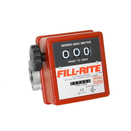 Fill-Rite 807CLN1 19 to 76 LPM Meter. Accuracy of ±1%. Liter Register, All Fluorocarbon Seals, Left to Right Flow, 1" NPT Threads. Register - 3 Digit Resettable (999), 6 Digit Non-Resettable Totalizer (999,999). - MPR Tools & Equipment