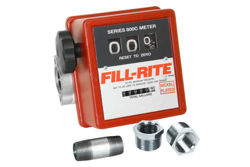 Fill-Rite 807CN1 5 to 20 GPM Nickel Plated Meter. Accuracy of ±1%. Gallon Register, All Fluorocarbon Seals, Left to Right Flow, 1" NPT Threads. Register - 3 Digit Resettable (99.9), 6 Digit Non-Resettable Totalizer (99,999.9). - MPR Tools & Equipment