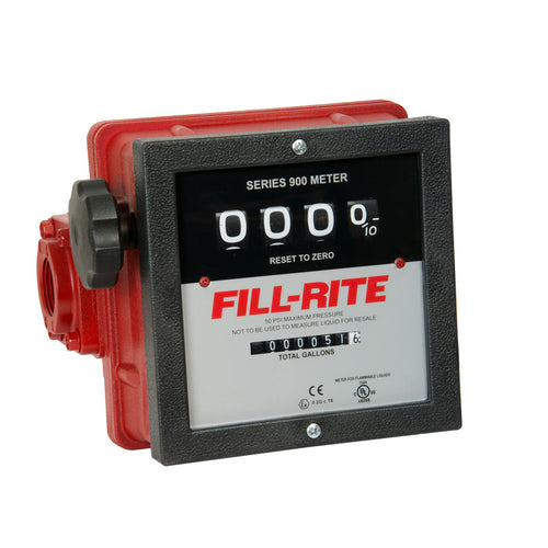 Fill-Rite 901C 6 to 40 GPM Meter. Accuracy of ±2%. Gallon Register, Left to Right Flow, 1" NPT Threads. Register - 4 Digit Resettable (999.9), 7 Digit Non-Resettable Totalizer (999,999.9). - MPR Tools & Equipment