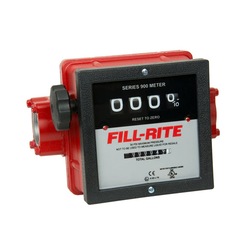 Fill-Rite 901C1.5 6 to 40 GPM Meter. Accuracy of ±2%. Gallon Register, Left to Right Flow, 11/2" NPT Threads. Register - 4 Digit Resettable (999.9), 7 Digit Non-Resettable Totalizer (999,999.9). - MPR Tools & Equipment