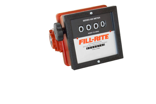 Fill-Rite 901CL 23 to 151 LPM Meter. Accuracy of ±2%. Liter Register, Left to Right Flow, 1" NPT Threads. Register - 4 Digit Resettable (9,999), 8 Digit Non-Resettable Totalizer (99,999,999). - MPR Tools & Equipment