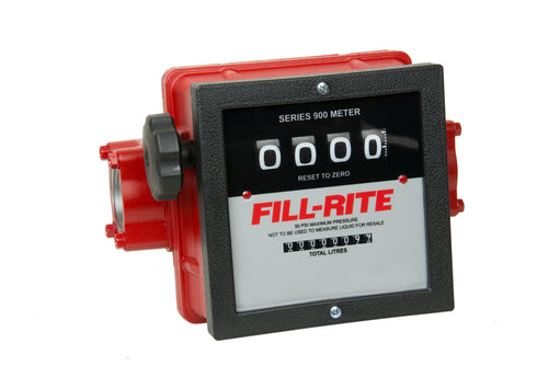 Fill-Rite 901CL1.5 23 to 151 LPM Meter. Accuracy of ±2%. Liter Register, Left to Right Flow, 11/2" NPT Threads. Register - 4 Digit Resettable (9,999), 8 Digit Non-Resettable Totalizer (99,999,999). - MPR Tools & Equipment