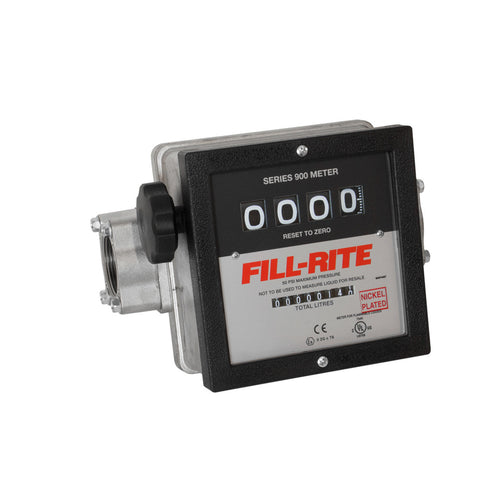 Fill-Rite 901CLN1.5 23 to 151 LPM Nickel Plated Meter. Accuracy of ±2%. Liter Register, All Fluorocarbon Seals, Left to Right Flow, 11/2" NPT Threads. Register - 4 Digit Resettable (9999), 8 Digit Non-Resettable Totalizer (99,999,999). - MPR Tools & Equipment