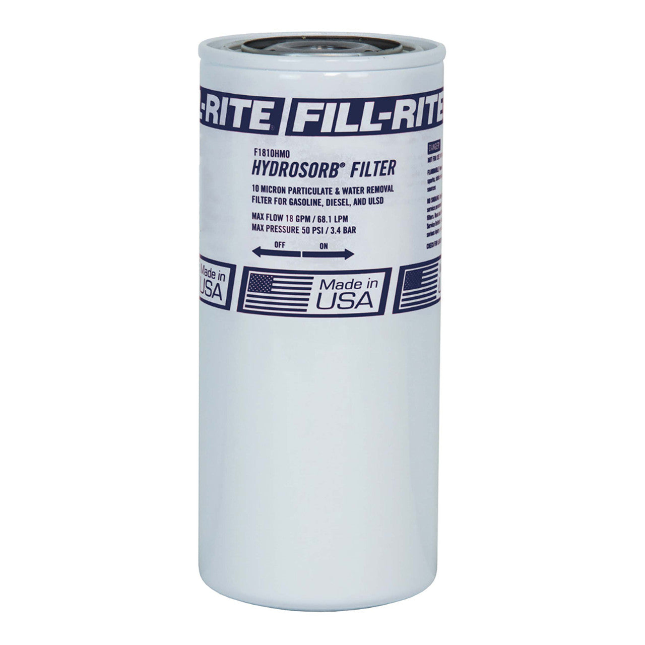 Fill-Rite F1810HM0 18 GPM Hydrosorb Spin on Filter. Absorbs Water from Fuel and Particulates to 10 Microns. Use with Filter Head Kit 1200KTG9075. Thread on Top of Filter is 1" - 12 UNF. - MPR Tools & Equipment