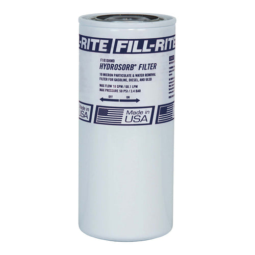 Fill-Rite F1810HM0 18 GPM Hydrosorb Spin on Filter. Absorbs Water from Fuel and Particulates to 10 Microns. Use with Filter Head Kit 1200KTG9075. Thread on Top of Filter is 1" - 12 UNF. - MPR Tools & Equipment